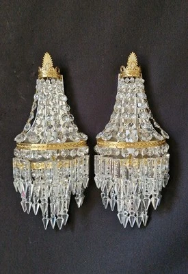 Vintage Antique Pair French Empire Brass Crystal 1 Light Sconces Wall Lights  - Image 1 of 4
