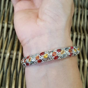 925 Sterling Silver Bracelet, Natural Multicoloured Sapphires Bangle, 925 Silver - Picture 1 of 8
