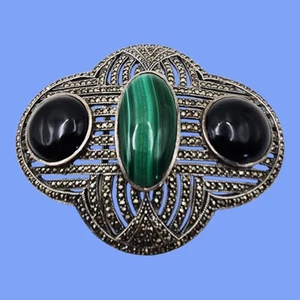 Sterling Silver 2.75" Malachite Onyx Marcasite Belt Buckle Art Deco Cowgirl - Picture 1 of 6