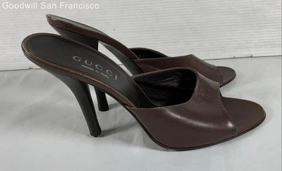 Gucci Italia Cuero Marrón Punta Abierta Sin Cordones Stiletto Slide Mujer Tacones Talla 7B Foto 1 de 4