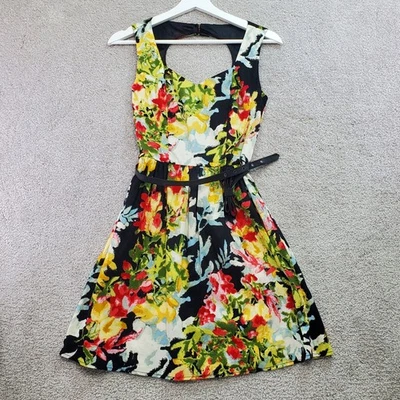 Delias Poplin Tropical Dress Black Multi Color Floral Cutout Back  Size 1-2 - Image 1 of 4