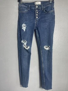 Free People Jeans Womens 27 Skinny Button Fly Stretch 26 x 24.5 Denim Blue Dark - Picture 1 of 8