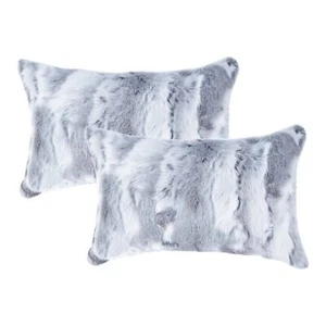 Set of Two 12 X 20 Gray Rabbit Natural Fur Throw Pillow - Picture 1 of 6
