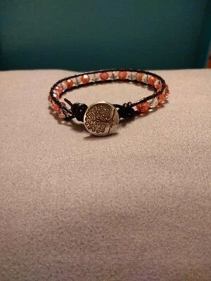 Beaded Leather Wrap Bracelet, Handmade With Coral & Clear Crystal Beads - Image 1 of 4