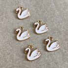 White Enamel Swan Charms With Gold Tone, 5pcs, 14x14x2mm, Hole Size 1.8mm,