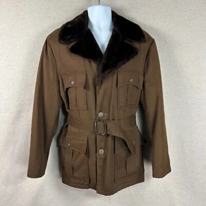 Vintage Shanhouse Mens Canvas Barn Coat Size 44 Chore Jacket Faux Fur Lined Belt - Picture 1 of 13