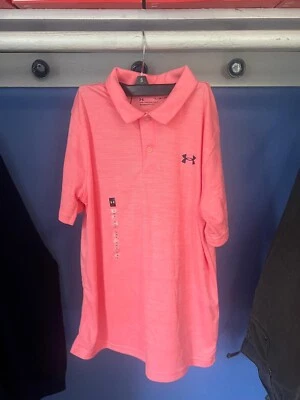Under Armour Boy's Black Salmon Pink Polo size Youth L Large Golf Beach Tropical - Image 1 of 4