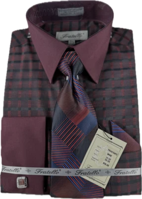 Camisa de vestir Fratello para hombre vino azul marino corbata pañuelo puño francés plata vino gemelos Foto 1 de 4