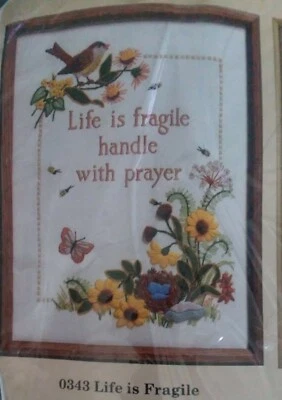 Creative Circle #0343 Life is Fragile Handle w Prayer Embroidery Kit Crewel 1988 - Image 1 of 4