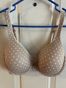 Victoria’s Secret Beige & White Polka-Dot Push-Up Bra Lace Trim 32DD - Picture 1 of 2