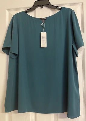 全新带标签 278 美元 Eileen Fisher 爱琴海丝绸 Bateau 颈部上衣 M L — 第 1/4 张图片