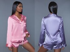 New Be Wicked Button Up Long Sleeve Satin Nightwear 2 Piece Pajama Short Set
