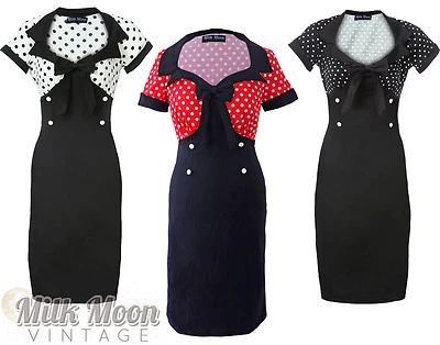 Vintage Dress 1950s 1960s Bodycon Wiggle Sleeve Black Polka Dot Size UK 6 - 26 - Image 1 of 4