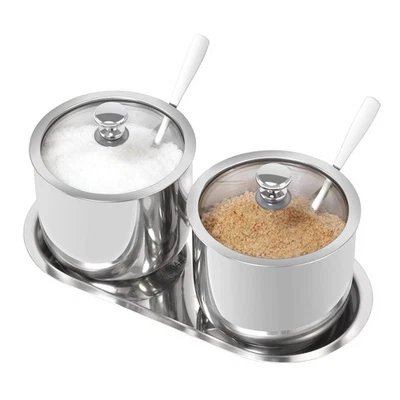 2 azucareros de acero inoxidable con tapa cuchara y bandeja azucarero brillante pulido... Foto 1 de 4