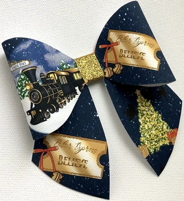 POLAR EXPRESS TICKET SAILOR BOW PRINTED CANVAS FABRIC BOW TEMP MAKE HAIR BOWS - Image 1 of 3