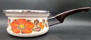Vintage MCM- Sanko Ware SHOW PANS Saucepan Floral Orange Enamel- Retro 6.5" - Picture 1 of 16