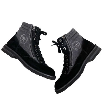 Chanel Interlocking CC Logo 2015 Gris Negro Gamuza Botas de Combate con Cordones Talla 39 Foto 1 de 4