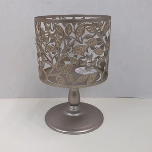 Bath & Body Works Pedestal Candle Holder Floral Vine Leaves Gold Glitter Flowers - Picture 1 of 4
