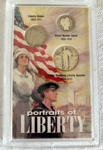 PORTRAITS OF LIBERTY 90% SILVER ENCASED COIN SET, QUARTER, DIME & NICKEL - Picture 1 of 2