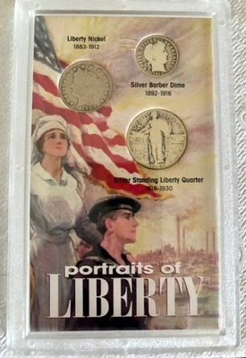 PORTRAITS OF LIBERTY 90% SILVER ENCASED COIN SET, QUARTER, DIME & NICKEL  - Image 1 of 2