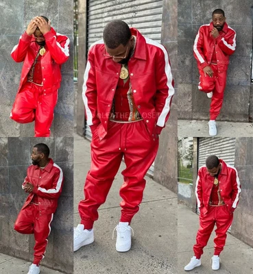 Men's Genuine Leather Track Suit Sweatsuit Red and White Casual Wear - Image 1 of 4