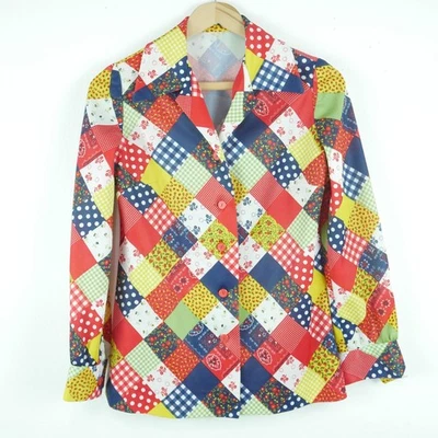 Vintage XS Shirt 70s Patchwork Print Novelty Retro Disco Hippy Polyester Plaid - Image 1 of 4
