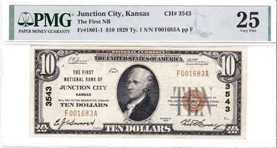 $10 1929 T1 National JUNCTION CITY Kansas KS 🇺🇸 PMG 25 Very Fine! 🇺🇸 - Image 1 of 2