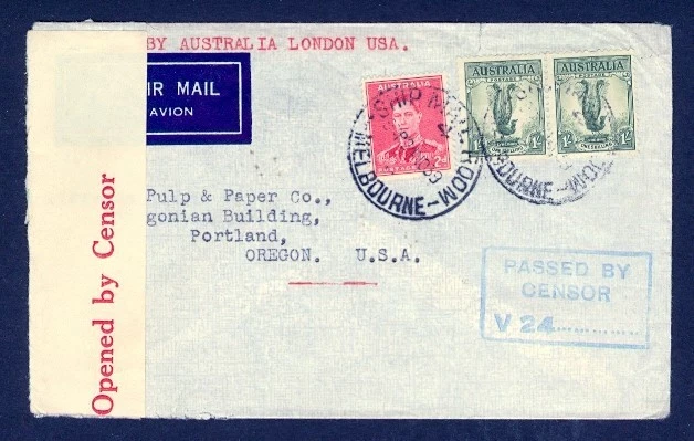 AUSTRALIA 1939 CENSURADO BARCO AÉREO SALA DE CORREO A EE. UU. Foto 1 de 1