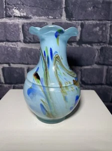 Vintage Dalian ‘Snowflake’ Art Glass Blue Swirl Vase 13cm Tall - Picture 1 of 5