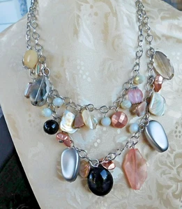 Signed Avenue Statement 2 strand necklace Abalone MOP Pink art glass Smokey 22" - Picture 1 of 11