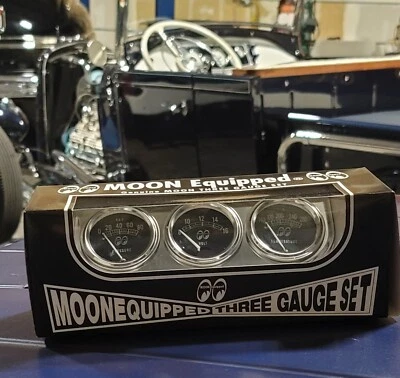 MOONeyes 3 GAUGE SET w Chrome Panel & Senders HOT ROD Custom OIL TEMP VOLT moon - Image 1 of 4