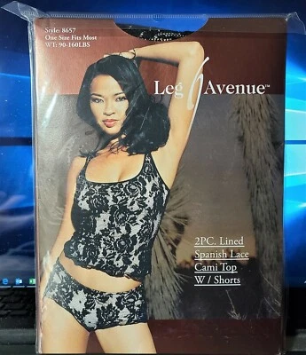 Top Cami Leg Avenue Style 8657 Negro 2 Piezas Forrado Encaje Español con Pantalones Cortos OSFM Foto 1 de 2