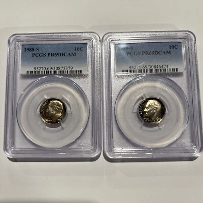 1988 1989 S PCGS PR 69 DCAM Roosevelt Dime Deep Cameo Proof 2 Coin Lot - Image 1 of 4
