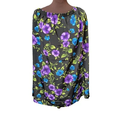 Falda Floral Estilo Susan Graver Negra Púrpura Azul Cintura Elástica Para Mujer 2X Foto 1 de 4
