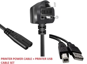 POWER CABLE LEAD (2M) + USB CABLE (1.5M) FOR CANON, HP, EPSON PRINTERS - Picture 1 of 1
