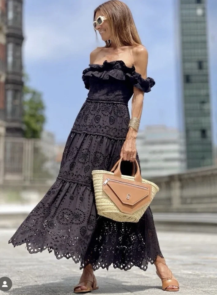 ZARA Bardot BLACK EMBROIDERED BRODERIE ANGLAISE MIDI DRESS SIZE XS 2795/019 BN