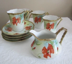 VINTAGE HAND PAINTED PRUSSIA ROYAL RUDOLSTADT CREAM PITCHER & 4 CUP SAUCER SETS - Picture 1 of 21