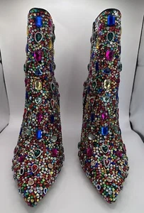 Women's Rhinestone High Heel Boots,Zipper Ankle Boots Sparkly Pointed Toe NEW - Picture 1 of 11