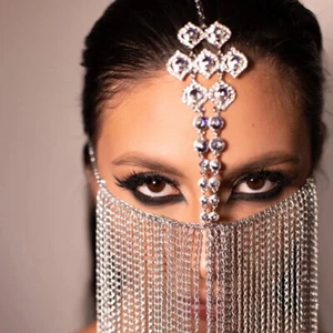 Women Rhinestone Face Mask Long Tassels Chain Metal Jewel Head Chain Veil 05019 - Picture 1 of 4
