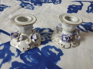 Pair Of Meissen Porcelain Candlestick Holders Hand Painted Swords Violet Gold+ - Picture 1 of 6