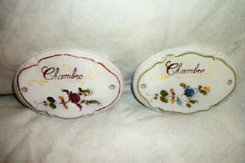 VINTAGE FRENCH CHAMBRE BEDROOM DOOR PLAQUE HP POTTERY PINK BLUE PAIR SIGNED Cover