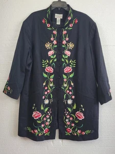 Victor Costa Occasion 3X Embroidered Floral Button Front Long Jacket Coat Black - Picture 1 of 16