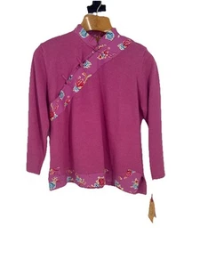 Ruby Rd Womens Asian Inspired Knit Top XL Pink Floral Stretch Boho Art to Wear - Picture 1 of 9