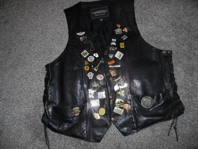 Unik Black Leather Biker vest Size 48 with 43 pins & 3 patches - Image 1 of 4