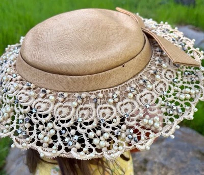 Women's Vintage John-Frederics, Inc. Beaded Lace & Satin Pillbox Hat - Stunning! - Image 1 of 4