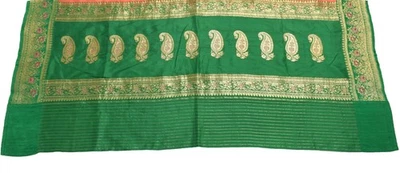 Sushila Vintage Green Banarasi Sari Remnant Scrap Pure Silk Woven Craft Fabric - Image 1 of 4