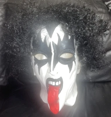 ERWACHSENE GENE SIMMONS LATEX KOSTÜM MASKE "DER DÄMON" ROCKBAND KUSS MIT PERÜCKE - Bild 1 von 4