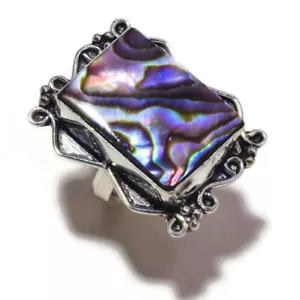 Paua Abalone Shell Rectangle Gemstone Silver Overlay Handmade Charm Ring-5.5 - Picture 1 of 2