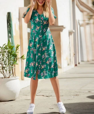 Damen Kleid Kurzarm V-Ausschnitt smaragd blumen Gr. 40,46  NEU - Bild 1 von 4