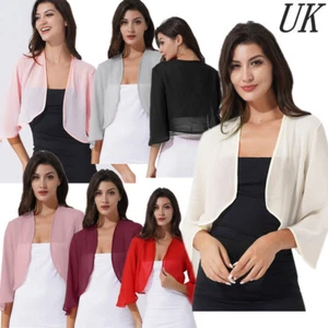 UK Women 3/4 Sleeve Sheer Bolero Shrug Open Front Tops Cardigan Party Cover Ups - Picture 1 of 47